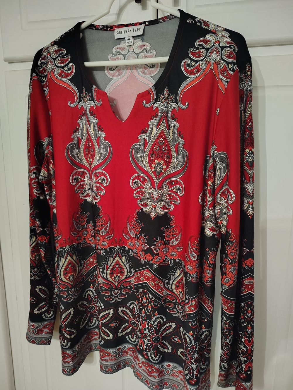 Southern Lady Red and Black Paisley V-Notch Long Sleeve Top